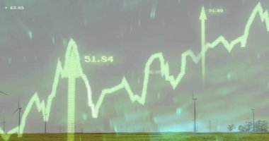 Rüzgar türbinlerinin üzerinden yükselen yeşil çizgili grafik yukarı doğru ok ve 50,03 gösterge içeriyor. Yenilenebilir, sürdürülebilirlik, teknoloji, büyüme, çevre dostu, enerji