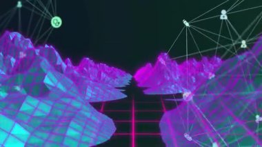 Neon kablo dağının kaybolan noktaya akışı tıbbi ikon düğümlerinin ızgara üzerinde bağlandığını gösteriyor. Fütürist, dijital, soyut, yüksek teknoloji, siber, bağlantı, yenilik