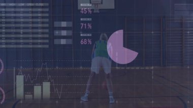 Analitik dünya haritası ve turta grafikleri göstererek basketbol sahasında atış analizi yapan bayan sporcu. Spor, performans, veri görselleştirme, fitness, girişim, modern, teknoloji