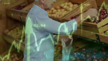 Yeşil borsa çizelgesi çöp kutularında ilerlerken kıdemli adam elma topluyor. Perakende, ticaret, görselleştirme, analitik, sağlık, sağlık, alışveriş