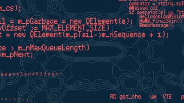 Kırmızı kod parçaları koyu donanma arkaplanında canlandırılıyor, beyaz hat çizgileri simetri oluşturuyor. Dijital, soyut, teknolojik, fütürizm, minimalizm, veri görselleştirme, devre