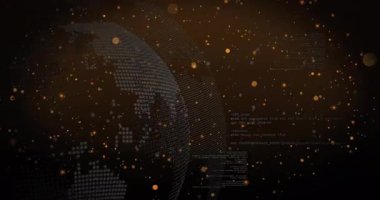 Veri arayüzünde dönen şekillendirilmiş nokta matris küre parçası, parlayan parçacıklar ve kod örtüleri. Teknoloji, dijital, fütüristik, ağ, veri, soyut, yenilik
