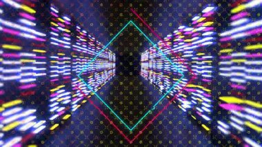 İki ana hatlı neon elmas şekli ortalanarak ızgara boyunca uzanan ışık çizgileri oluşturuluyor. Fütürist, geometrik, neon, canlı, soyut, dijital, bilim kurgu