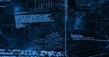 Parlak mavi kod saydam veri küresine dökülüyor, çizgileri birleştiriyor ve animasyon ağı oluşturuyor. Siber uzay, veri görselleştirme, dijital ağ, fütüristik, teknoloji, sanal gerçeklik, soyut