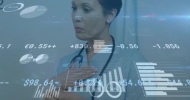 Klinikteki erkek hasta danışman hemşire değişken çizgiler, değerler ve ilerleme halkaları gösteriyor. Sağlık, teknoloji, tanı, sağlık, tıbbi, dijital, analiz