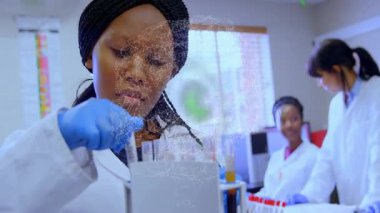 Laboratuvarda test tüpünü inceleyen kadın bilim adamı meslektaşı pipetlemenin yanında moleküler ikonlar da gösteriyor. Araştırma, yenilik, işbirliği, bilimsel, modern, keşif, laboratuvar