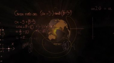 Kara tahta zemin üzerinde parlayan stilize dünya koordinat eksenleri, kontür çizgileri ve integralleri gösteriyor. Geometrik, eğitici, dijital sanat, bilimsel, kavramsal, akademik, yenilikçi