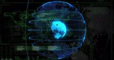 Merkezde 3 boyutlu olarak parlayan holografik küre, sarmal veri halkaları, ikili akışlar içeriyor. Gelecek, dijital, teknoloji, arayüz, analitik, neon, sanal