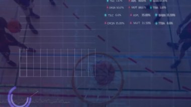 Erkek basketbolcu spor salonunda smaç basıyor, animasyon spor verileri ve grafikleri gösteriyor. Atletik, dinamik, fitness, performans, analiz, görselleştirme, modern