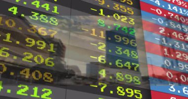 Şehrin üzerinde yüzen dijital yarı saydam borsa kalbi gökdelen cam cephesini gösteren 3 boyutlu animasyon. Finansal, teknoloji, modern, kentsel, veri görselleştirme, kurumsal, yenilik