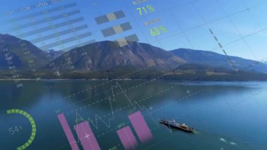 Kargo mavnası gölü geçiyor, yeşil mor turta grafikleri, şamdan çizelgesi, çizgi grafiği. Balıkçılık, macera, manzara, sürdürülebilirlik, navigasyon, keşif, sükunet
