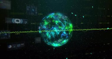 Karanlık boşlukta yüzen üçgen ağ küresi parıldayan veri akışlarını ve grafik panellerini gösteriyor. Fütüristik, teknoloji, dijital, veri görselleştirme, siber, soyut, ağ