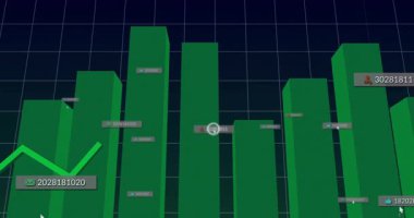 Derin donanma ızgarası üzerinde yüzen etiketli yeşil sütunların yer aldığı 3D bar ve çizgi çizelgesi. Veri analizleri, veri görselleştirme, finansal içgörüler, gösterge paneli, dijital arayüz, grafikleme, bilgi teknolojisi