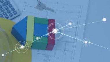 Sarı güvenlik miğferi dijital ağ altında 3D renkle parlayan planların üzerinde duruyor. Mühendislik, teknoloji, yenilik, plan, siber güvenlik, veri görselleştirme, çalışma alanı