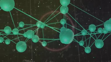 Parlayan kırmızı halkanın altında yeşil küreleri birbirine bağlayan soyut 3D ağ. Gelecek, teknoloji, bağlantı, dijital, siber alan, veri, yenilik