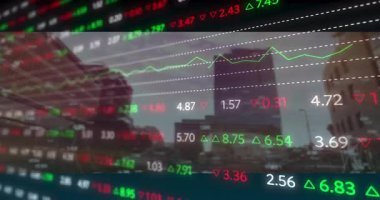 Ufuk çizgisinde yüzen piyasa beyaz noktalı çizgiler ve yeşil ve kırmızı üçgenler gösteriyor. Kentsel, teknoloji, finans, veri görselleştirme, modern, kurumsal, analiz