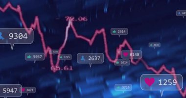 Düz tasarım arayüzü, yüzen sosyal medya metrik çağrılarıyla pürüzlü pembe çizgi grafiği gösteriyor. Teknoloji, analitik, veri görselleştirme, dijital, fütüristik, gösterge paneli, iş