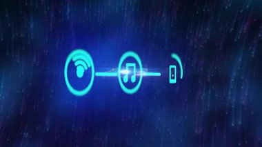 Neon mavi simgeler, dijital veri alanından düz tasarım ile parlayan çizgilerle bağlanıyor. Teknoloji, bağlantı, fütürizm, dijital sanat, siber, yenilik, ağ