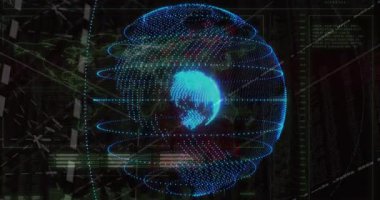 Veri akışları arayüz etrafında kayarken karanlık ızgara üzerinde dönen 3D parlayan holografik dünya. Futuristik, teknoloji, veri görselleştirme, dijital arayüz, siber, sanal, yüksek teknoloji