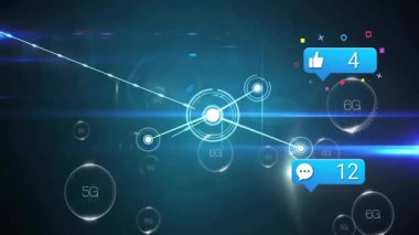 Mavi uyarı baloncukları, 5G ve 6G düğümlerini birbirine bağlayan, deniz mavisi ağ arayüzü boyunca yüzüyor. Gelecek, teknoloji, bağlantı, dijital, siber, ağ, yenilik
