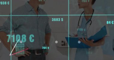 Doktor panoyu inceliyor. Klinikte göğsüne baskı yapıyor. Yüzen çizelgeler ve simgelerle. Sağlık, teknoloji, analitik, tanı, finans, sağlık, veri görselleştirme.