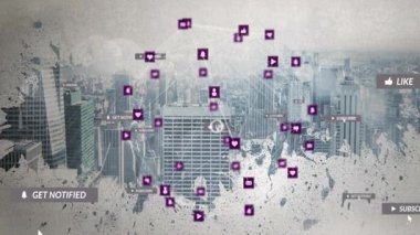 Sosyal medya simgeleri şehrin silueti üzerinde yüzüyor grunge ağ grafiğini pankart etiketleriyle birleştiriyor. Dijital ağ, kentsel teknoloji, modern iletişim, grafik tasarım, soyut kompozisyon, bağlantı, şehir manzarası