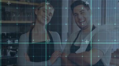 Kahve dükkanında tezgahın arkasında duran baristalar, turkuaz ızgaraların animasyon simgeleriyle örtüştüğünü gösteriyor. Kafein, mayalama, ticari, modern, takım çalışması, işbirliği, canlı