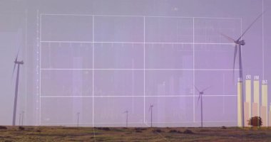 Rüzgar türbinleri, çubuk çizelgesi, ızgara çizgileri ve pastel gradyan ile alanda görselleştiriliyor. Yenilenebilir enerji, sürdürülebilirlik, veri analizleri, çevre teknolojisi, çevre dostu, güç üretimi, manzara