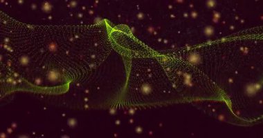 Parlak yeşil noktalı ağ dalgası, parlak turuncu ve kırmızı parçacıklar ile derin kestane rengi tarlalar üzerinde akıyor. Dijital sanat, soyut, fütüristik, canlı, dinamik, teknoloji, hareket