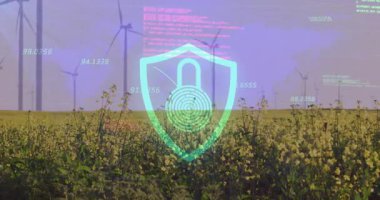 Kırsal alanda yüzen dijital güvenlik kalkanı rüzgar türbinlerini, sarı çiçekleri ve pastel verileri gösteriyor. Doğa, yenilenebilir enerji, teknoloji, siber güvenlik, manzara, çevre dostu, dijital