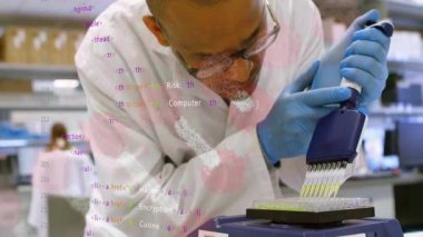 Laboratuvar teknisyeni sağlık teknolojisinde mikro levhada yeşil sıvı dağıtıyor, canlandırılmış damlacıklarla. Bilim, araştırma, biyoteknoloji, laboratuvar, deney, yenilik, kesinlik