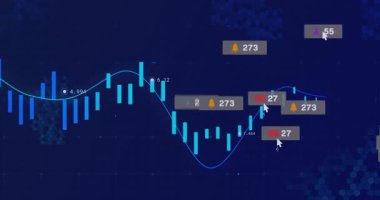 Candlestick çubuklarını eğri çizgi ve uyarı rozetleriyle gösteren veri görselleştirme şeması. Analizler, gösterge panelleri, dijital, arayüz, teknoloji, ölçüler, bağlılık