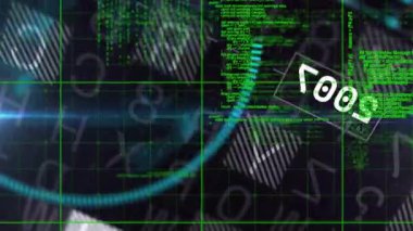 Şeffaf dikdörtgen, 2004 'ün tersini gösteriyor. Parlayan dünyanın üzerinde yüzüyor. Şebeke kodu çizgileri. Fütürist, dijital, neon, holografik, dolambaçlı, teknoloji, sanal