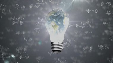 Ampul parlıyor ve havada süzülüyor, Dünya içeride, formüller 3 boyutlu şekilde savruluyor. Aydınlanma, yenilik, teknoloji, bilim, minimalizm, fütüristik, keşif