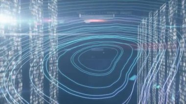 Şeffaf ikili kod sütunları tarafından çevrelenmiş, 3D veri alanında dönen parıldayan dijital hatlar. Fütürist, soyut, teknoloji, siber alan, dijital sanat, büyüleyici, aydınlık