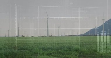 Düz dizayn, rüzgar türbini verilerinin saha üzerinde, ızgara çizgileri ve çubuk çizelgeleriyle canlandırıldığını gösteriyor. Yenilenebilir, sürdürülebilirlik, teknoloji, çevre dostu, enerji, yenilik