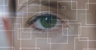 Teknoloji arayüzünde yeşil göz taraması yapan bir kadın yarı şeffaf ızgara örtüsü gösteriyor. Biyometrik, yüz tanıma, sibernetik, dijital arayüz, yüksek teknoloji, yenilik, gelecekçilik