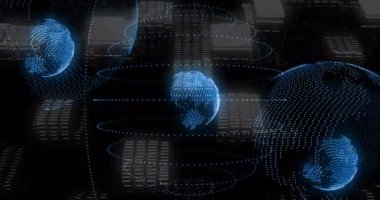 Merkezi holografik dünya küresi şebeke içinde yüzüyor ikili kod ve spiral halkalar yayıyor. Fütürist, dijital, holografik, siber uzay, dalgın, yüksek teknoloji, sanal