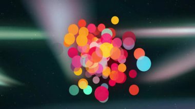 Düz dizayn merkezi daire kümesi gradyan arkaplan üzerinde hareket ediyor ve canlı bokeh hareketi ekliyor. Soyut, dijital, enerjik, dinamik, katmanlı, enerjik, aydınlık