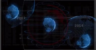 Merkezi holografik 3 boyutlu küre, karanlık arayüzde eşmerkezli halkalarla dönerek kod akışlarını gösteriyor. Gelecek, teknoloji, dijital, arayüz, veri, görselleştirme, bilim