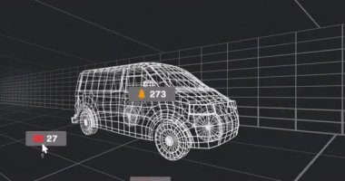 Beyaz kablo minibüs modeli sosyal medya ölçüm simgeleri göstererek 3D ızgara boşluğunda yüzüyor. Teknoloji, dijital, fütüristik, minimalizm, ağ, analitik, sanal