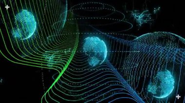 Saydam noktalı küreleri dijital düz dizayndaki neon yeşil ve mavi eğimli çizgilerle birleştirmek. Soyut, teknoloji, fütürizm, bağlantı, ağ, siber, dijital sanat