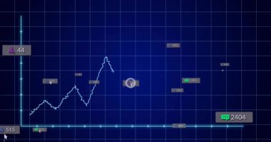 Açık mavi zigzag çizgisi koyu mavi ızgarada hareket ederken kullanıcı simgeler gibi yorum yapıyor. Analizler, veri görselleştirme, gösterge paneli, performans, dijital, teknoloji, grafikler