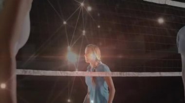 Spor teknolojisi altında parlayan ağ düğümleri ve lens alevleriyle badminton oynayan sporcular. Rekabet, dinamik, modern, yoğunluk, fitness, spor, çeviklik