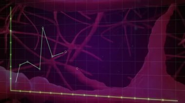 Mor üzerinde dairesel işaretlerle hareket eden neon yeşil çizelgeler düz dizaynlı kırmızı-pembe sinirsel şekiller. Veri, analiz, teknoloji, yenilik, bilim, dijital, görselleştirme