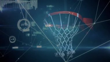 Basketbol çemberi ve net karanlık dijital arenada parlayan veri düğümlerini gösteriyor. Fütürist, teknoloji, görselleştirme, siber uzay, soyut, neon, bağlantı