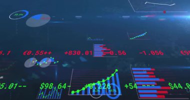 Merkez mavi çubuklar koyu mavi gösterge panelinde titreşiyor, yeşil sayısal örtüler ve çift haneli rakamlar gösteriyor. Veri, analitik, ön panel, görselleştirme, finans, teknoloji, performans