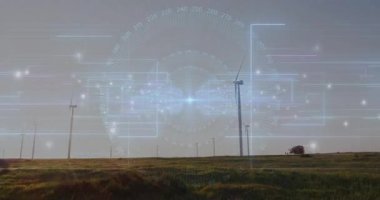 Çimenli alanda canlandırılan rüzgar türbinleri düz dizayn devreleri ve parlayan düğümleri gösteriyor. Yenilenebilir, sürdürülebilirlik, yenilik, dijital, gelecekçi, teknoloji, çevre
