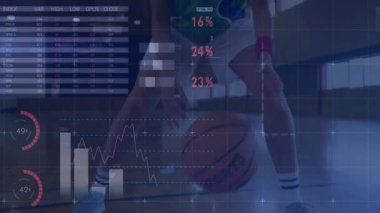Spor analitiğini gösteren basketbol topu süren bir kadın. Pasta bar çizelgesi de dahil. Sporcu, sporcu, veri işleme, spor, analitik, skorbord, rekabetçi