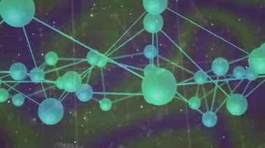 Üç boyutlu olarak birbirine bağlanan saydam yeşil-mavi küreler, koyu mor ızgara üzerinde düğüm grafiği oluşturur. Gelecekçi, siber, teknoloji, dijital, veri, bağlantı, ağ